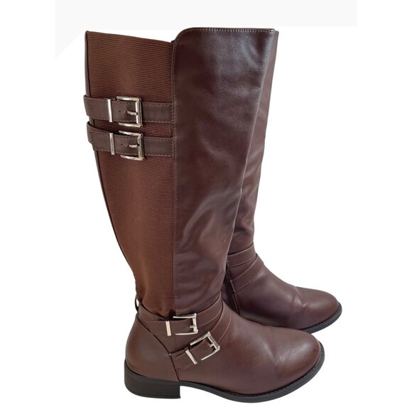 Brown Knee-High Riding Boots With Adjustable Buckles & Side Zipper - Picture 1 of 13